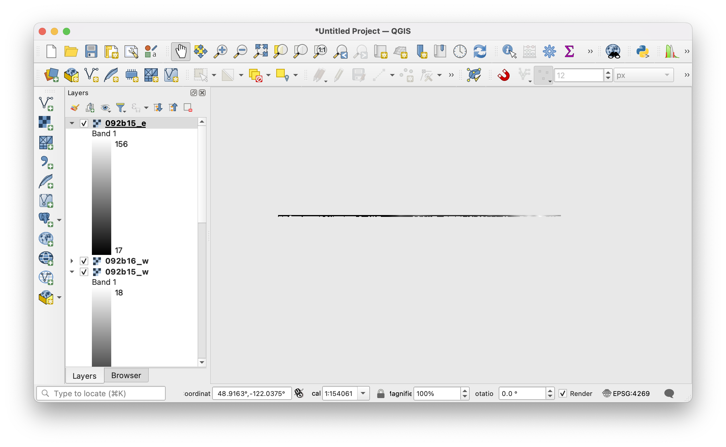 First four files in the 92b folder, unzipped and plotted in QGIS. This is, in fact, supposed to be Victoria. Only 15 more files to download, unzip, and plot left to go!