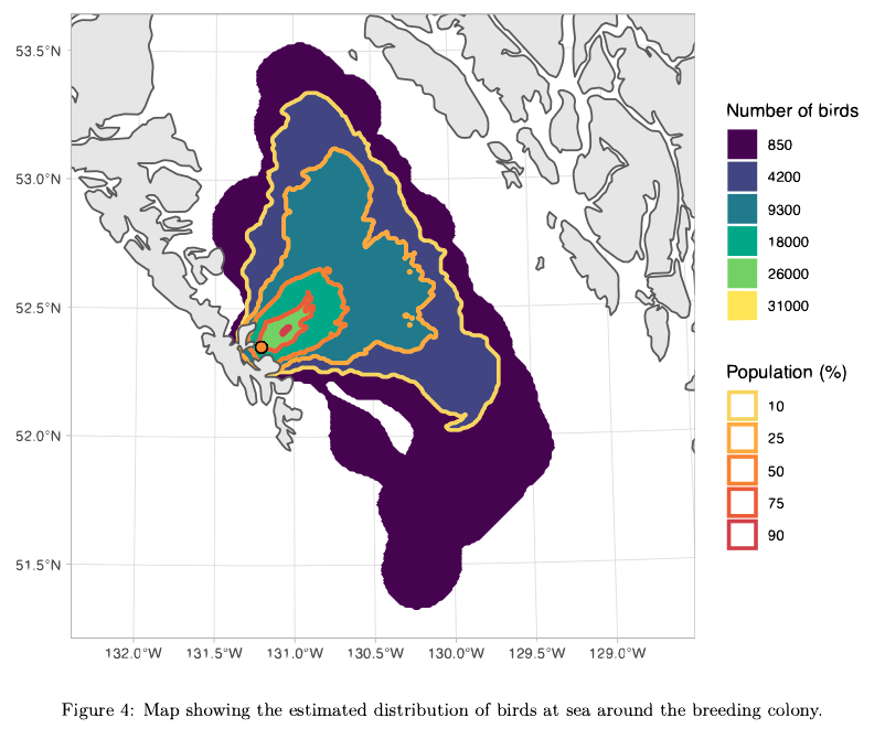 A map generated by the OPPTools R package, showing the number of birds around a colony.